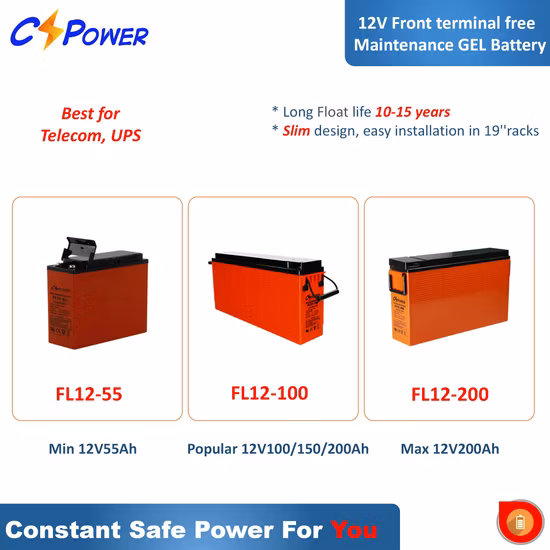 Long Life Deep Cycle Gel 12V 200ah Front Terminal Battery for Telecom Backup
